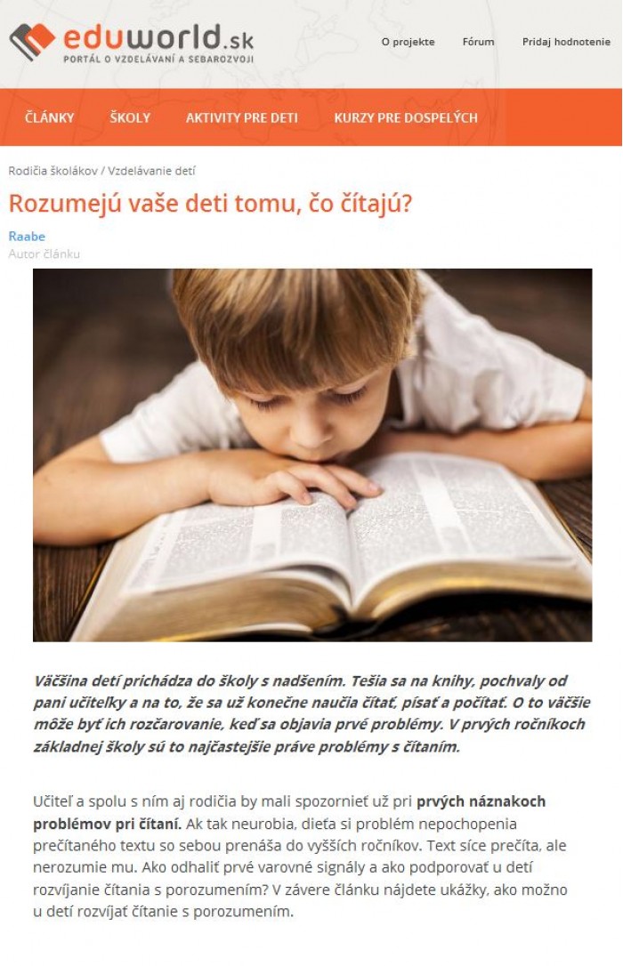 eduworld.sk – 31. 10. 2015: Rozumejú vaše deti tomu, čo čítajú?