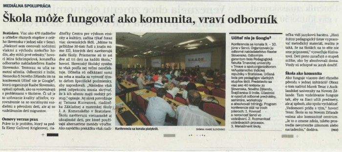 Hospodárske noviny – 13. 6. 2016: Škola môže fungovať ako komunita, vraví odborník