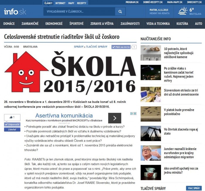 info.sk – 5. 11. 2015: Celoslovenské stretnutie riaditeľov škôl už čoskoro