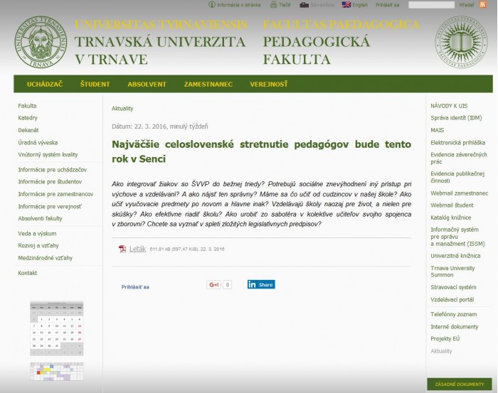 pdf.truni.sk – 22. 3. 2016: Najväčšie celoslovenské stretnutie pedagógov bude tento rok v Senci 