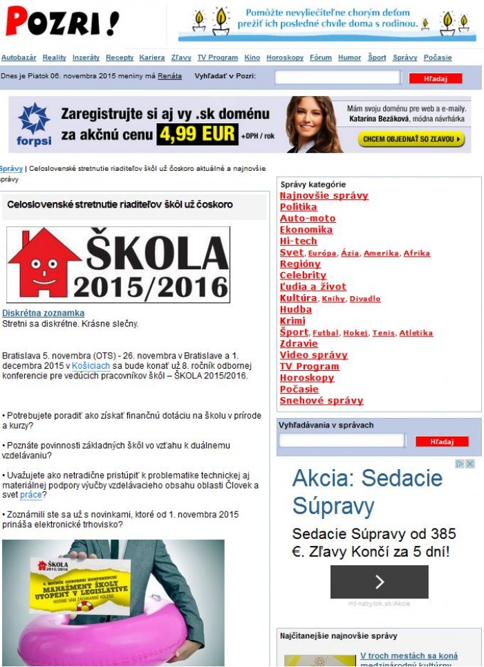 www.spravy.pozri.sk – 5. 11. 2015: Celoslovenské stretnutie riaditeľov škôl už čoskoro