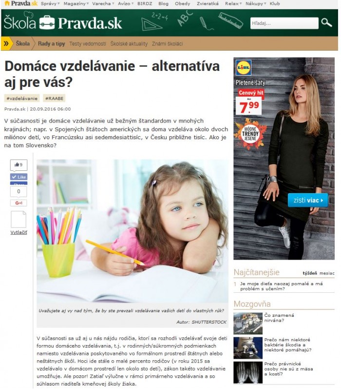 pravda.sk – 20. 9. 2016: Domáce vzdelávanie – alternatíva aj pre vás? 