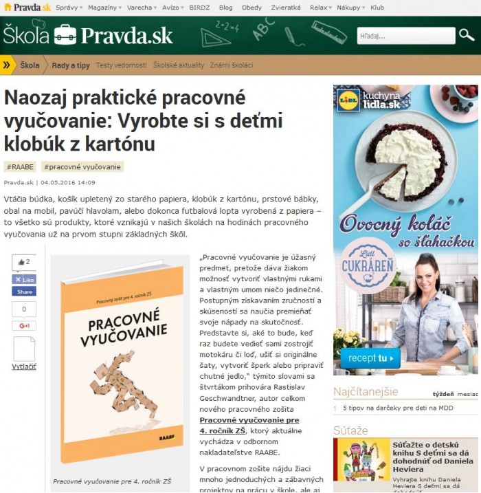 pravda.sk – 4. 5. 2016: Naozaj praktické pracovné vyučovanie: Vyrobte si s deťmi klobúk z kartónu