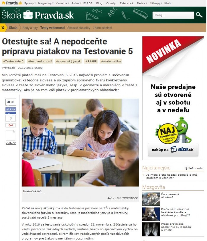 pravda.sk – 6. 10. 2016: Otestujte sa! A nepodceňte prípravu piatakov na Testovanie 5 