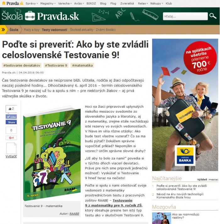 skola.pravda.sk – 4. 4. 2016: Poďte si preveriť: Ako by ste zvládli celoslovenské Testovanie 9! 