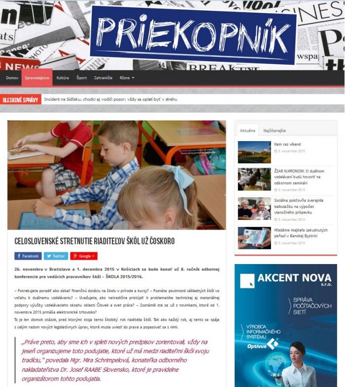 priekopnik.sk – 5. 11. 2015: Celoslovenské stretnutie riaditeľov škôl už čoskoro