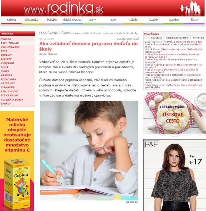 rodinka.sk – 8. 11. 2016: Ako zvládnuť domácu prípravu dieťaťa do školy