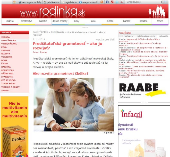 rodinka.sk – 21. 11. 2016:  Predčitateľská gramotnosť – ako ju rozvíjať? 