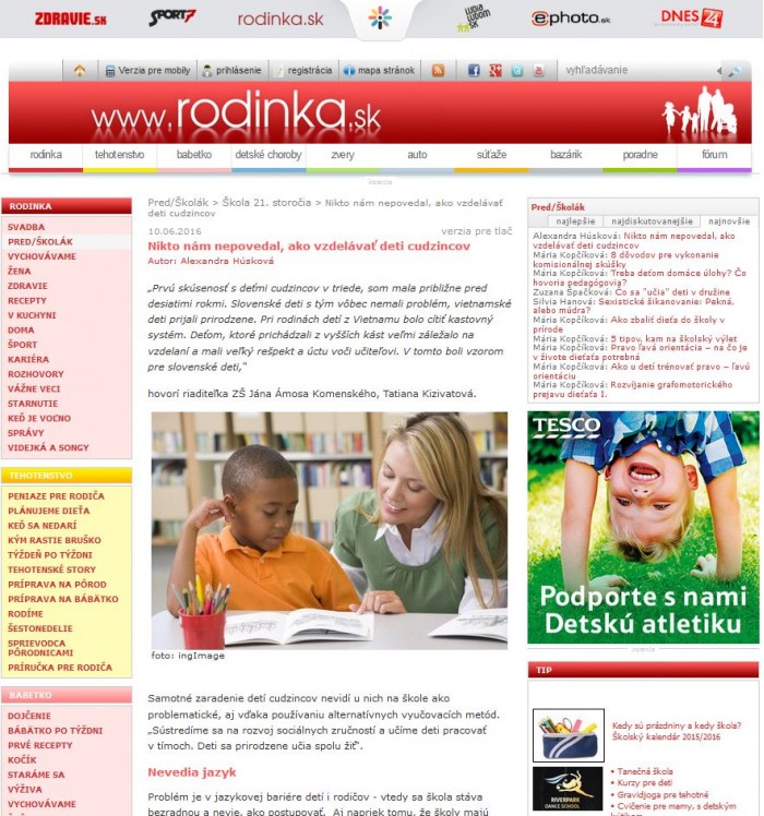 rodinka.sk – 10. 6. 2016: Nikto nám nepovedal, ako vzdelávať deti cudzincov