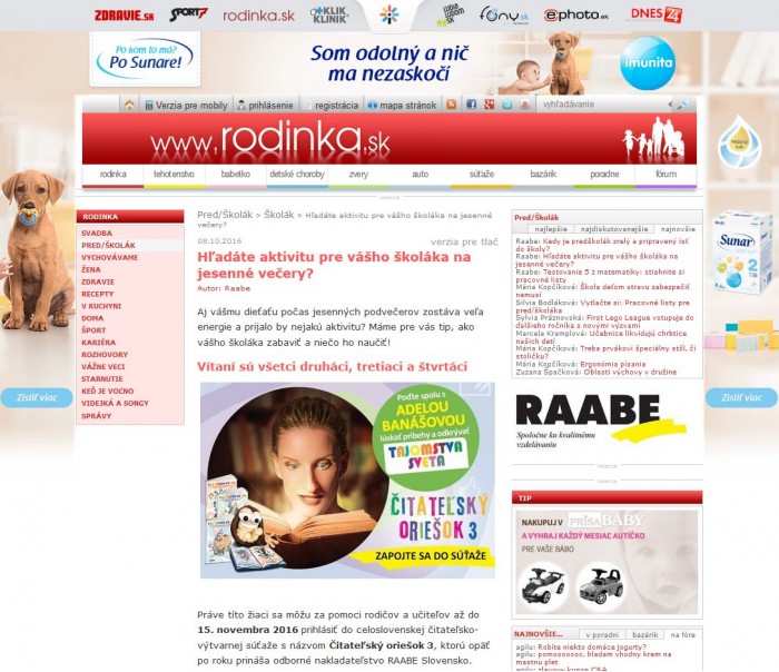 rodinka.sk – 8. 10. 2016: Hľadáte aktivitu pre vášho školáka na jesenné večery?