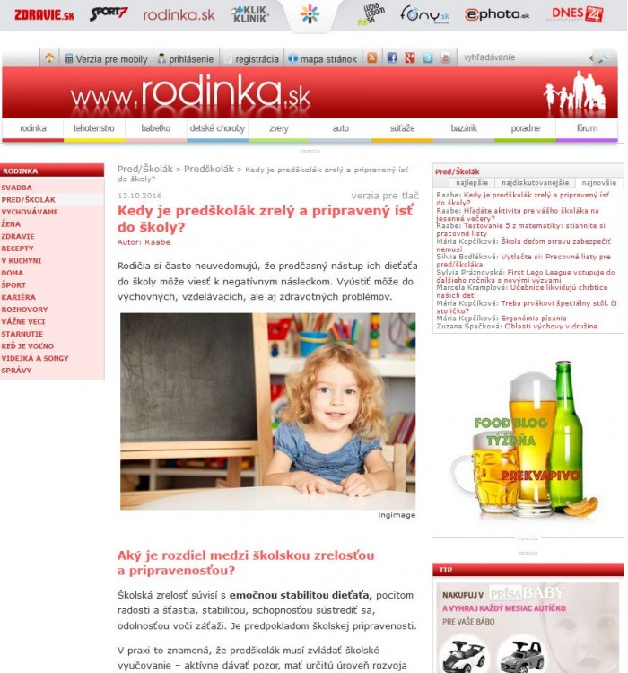 rodinka.sk – 13. 10. 2016: Kedy je predškolák zrelý a pripravený ísť do školy?