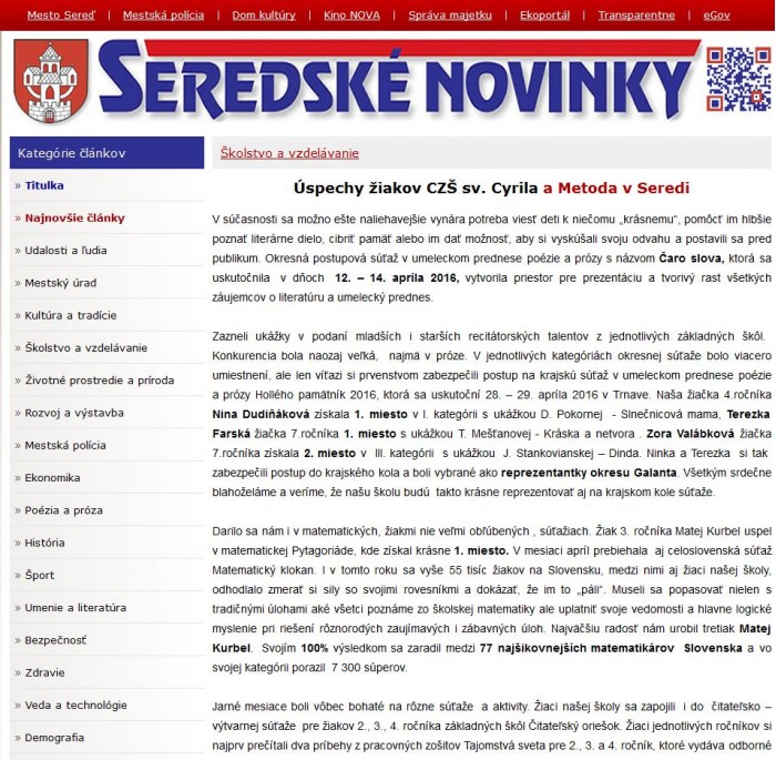 novinky.sered.sk – 28. 4. 2016: Úspechy žiakov CZŠ sv. Cyrila a Metoda v Seredi 