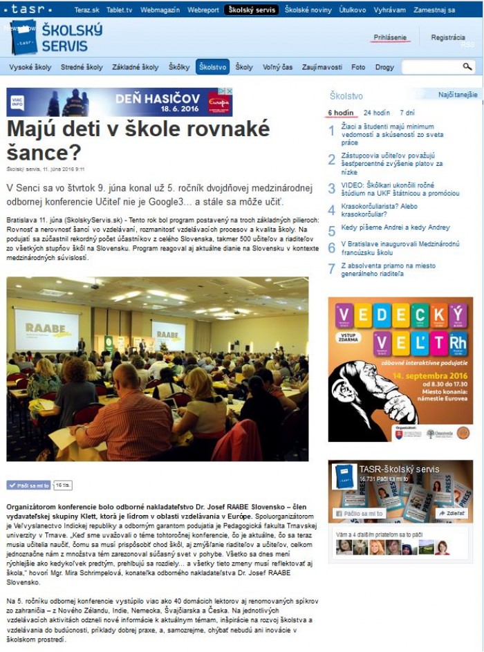 skolskyservis.sk – 11. 6. 2016: Majú deti v škole rovnaké šance?  
