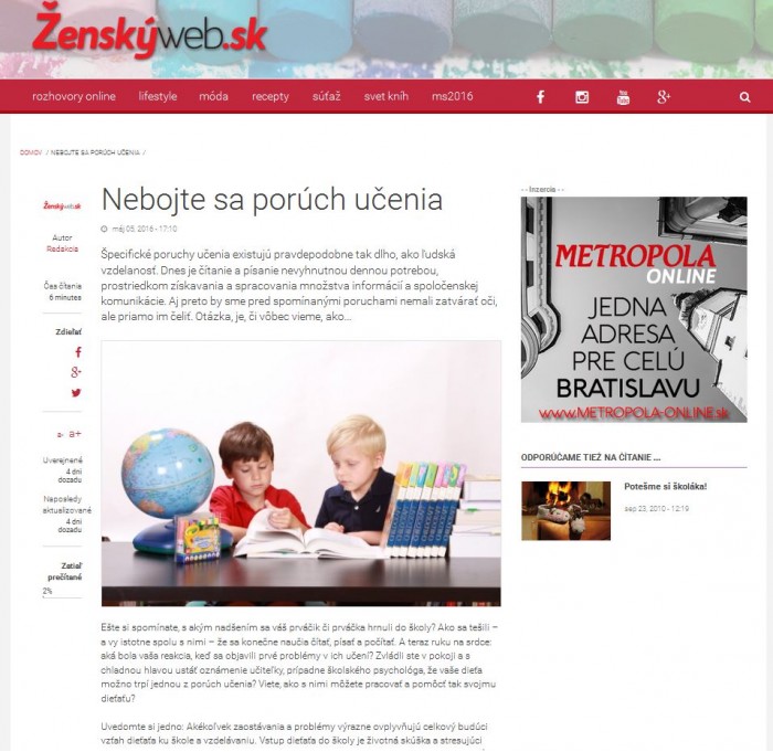 zenskyweb.sk – 5. 5. 2016: Nebojte sa porúch učenia 