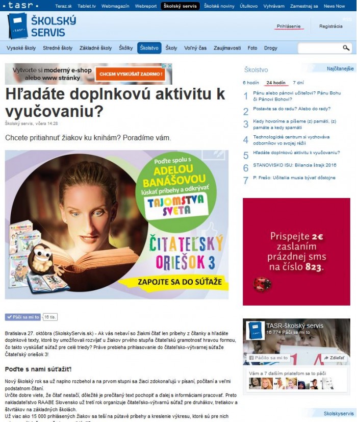 skolskyservis.sk – 27. 10. 2016: Hľadáte doplnkovú aktivitu k vyučovaniu?