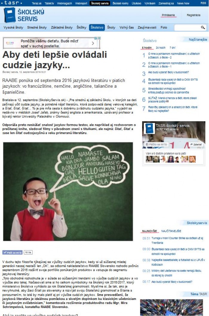 skolskyservis.sk – 14. 9. 2016: Aby deti lepšie ovládali cudzie jazyky... 