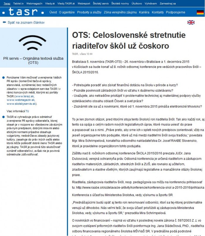 tasr.sk – 5. 11. 2015: Celoslovenské stretnutie riaditeľov škôl už čoskoro