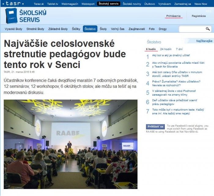 skolskyservis.sk – 21. 3. 2016: Najväčšie celoslovenské stretnutie pedagógov bude tento rok v Senci 