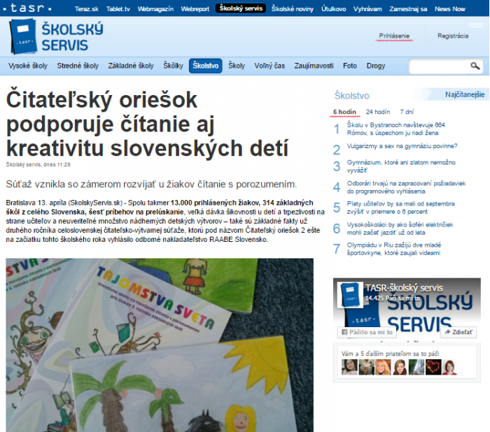 skolskyservis.sk – 13. 4. 2016: Čitateľský oriešok podporuje čítanie aj kreativitu slovenských detí 