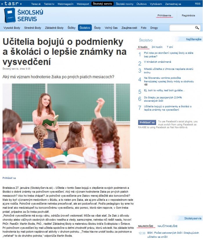 skolskyservis.sk – 27. 1. 2016: Učitelia bojujú o podmienky a školáci o lepšie známky na vysvedčení 