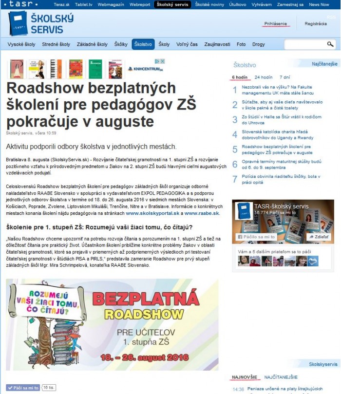 skolskyservis.sk – 8. 8. 2016: Roadshow bezplatných školení pre pedagógov ZŠ pokračuje v auguste 