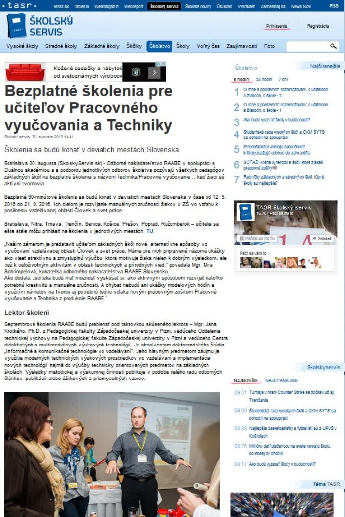 skolskyservis.sk – 30. 8. 2016: Bezplatné školenia pre učiteľov Pracovného vyučovania a Techniky 