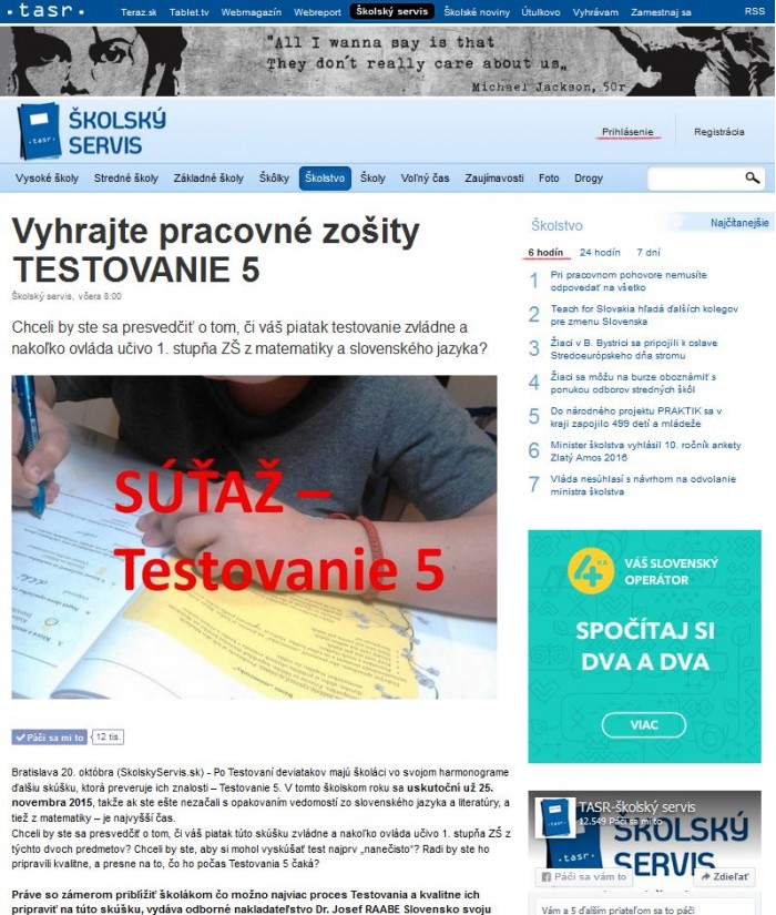 skolskyservis.sk – 20. 10. 2015: Vyhrajte pracovné zošity Testovanie 5