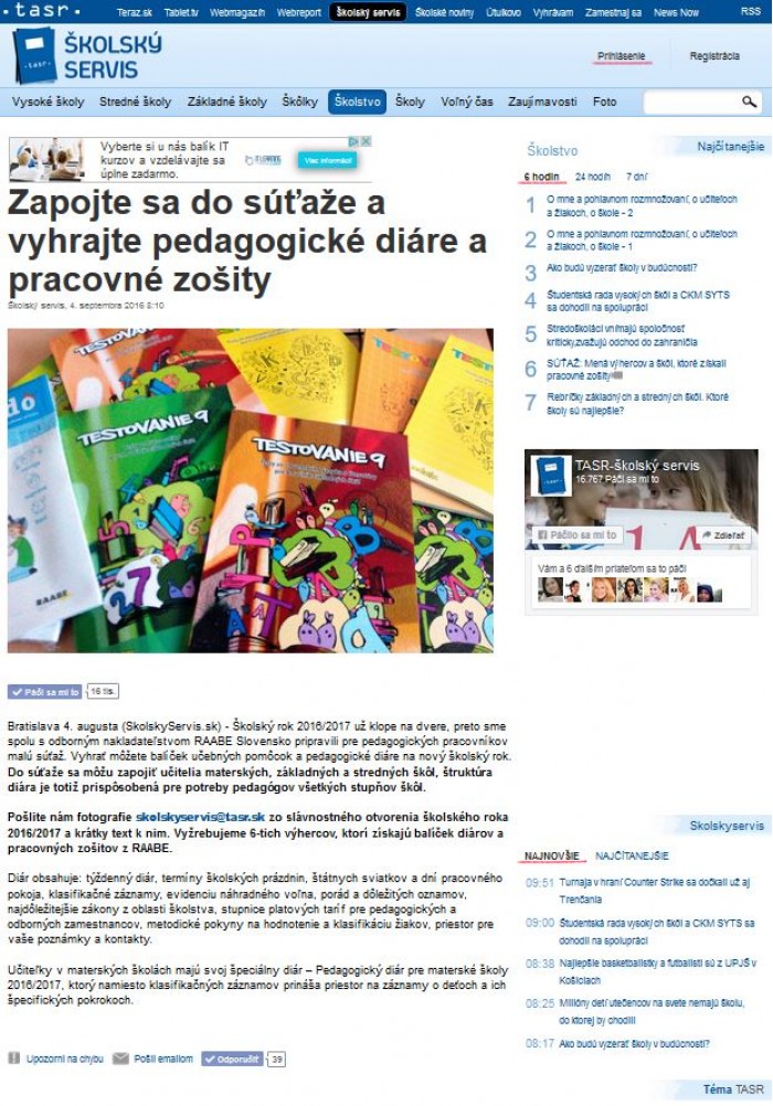 skolskyservis.sk – 4. 9. 2016: Zapojte sa do súťaže a vyhrajte pedagogické diáre a pracovné zošity 