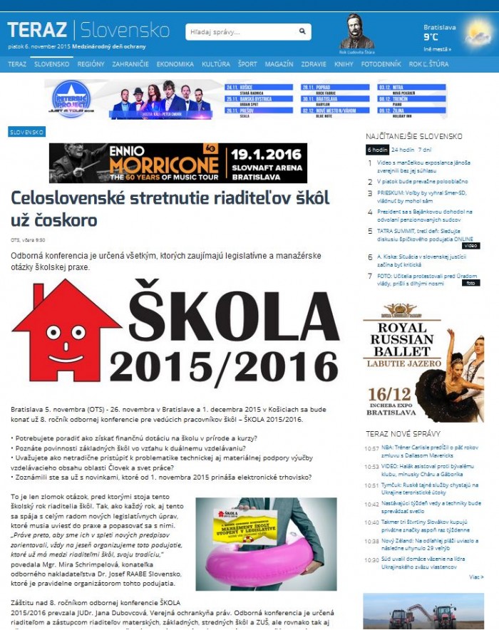teraz.sk – 5. 11. 2015: Celoslovenské stretnutie riaditeľov škôl už čoskoro