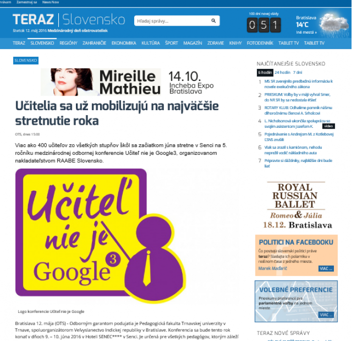 teraz.sk – 12. 5. 2016: Učitelia sa už mobilizujú na najväčšie stretnutie roka 