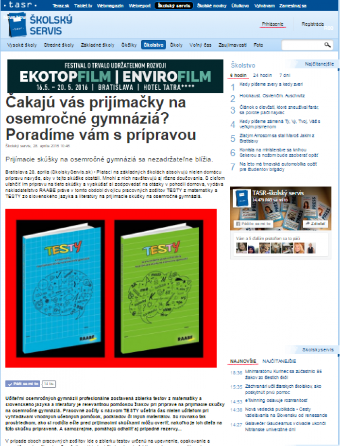skolskyservis.sk – 28. 4. 2016: Čakajú vás prijímačky na osemročné gymnáziá? Poradíme vám s prípravou 