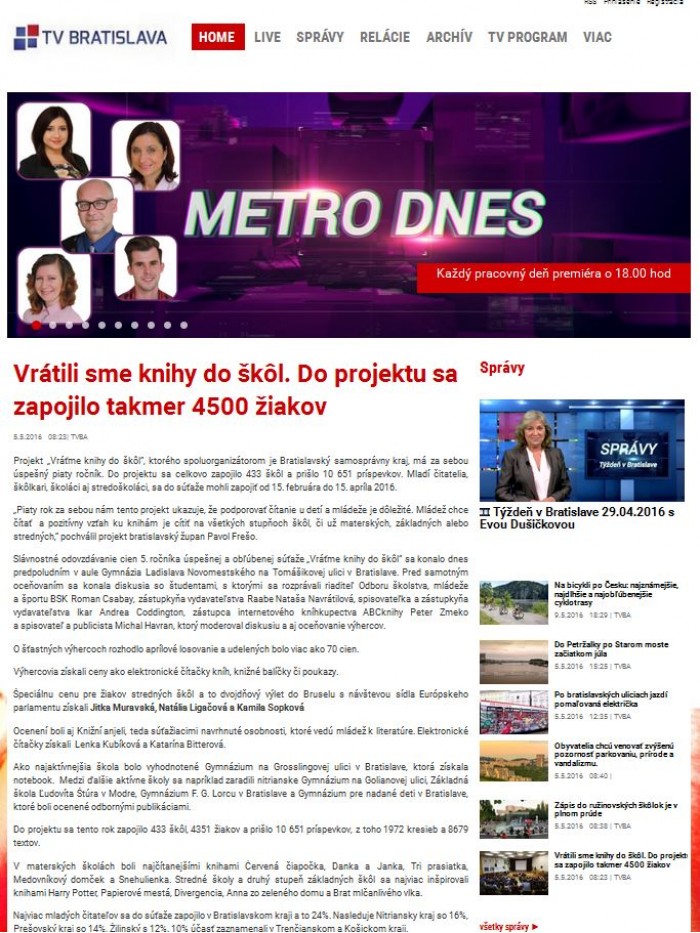 tvba.sk – 5. 5. 2016: Vrátili sme knihy do škôl 
