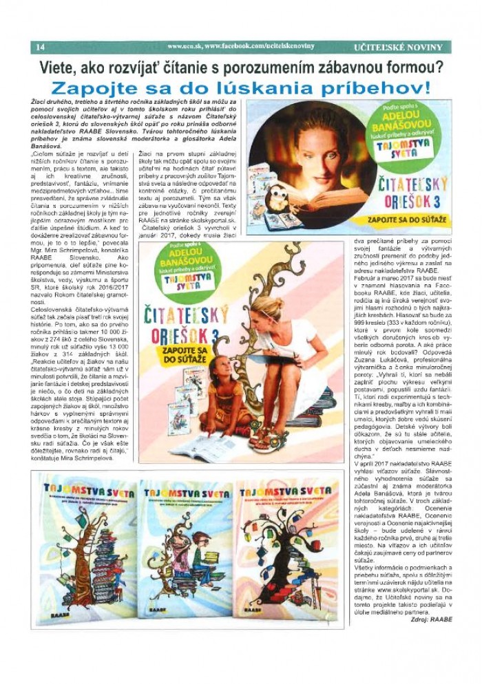 Učiteľské noviny – 10. 10. 2016: Viete, ako rozvíjať čítanie s porozumením zábavnou formou? 