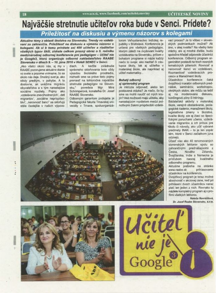 Učiteľské noviny – 5/2016: Najväčšie stretnutie učiteľov roka bude v Senci. Prídete?