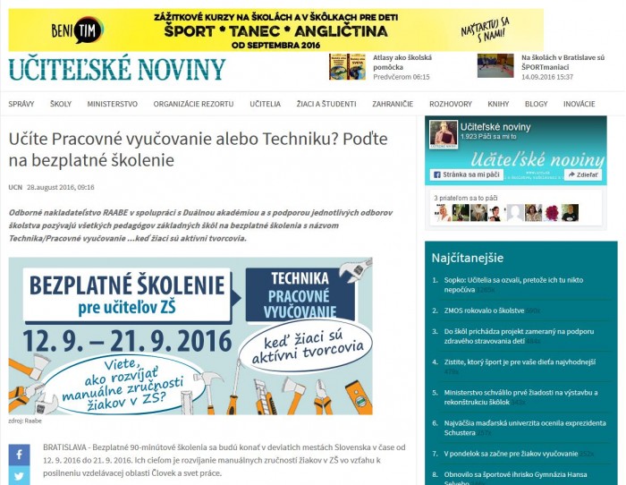 ucn.sk – 28. 8. 2016: Učíte Pracovné vyučovanie alebo Techniku? Poďte na bezplatné školenie 
