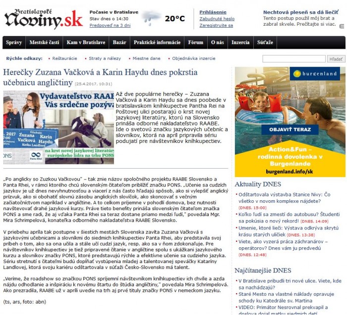 bratislavskenoviny.sk – 25. 4. 2017: Herečky Zuzana Vačková a Karin Haydu dnes pokrstia učebnicu angličtiny 