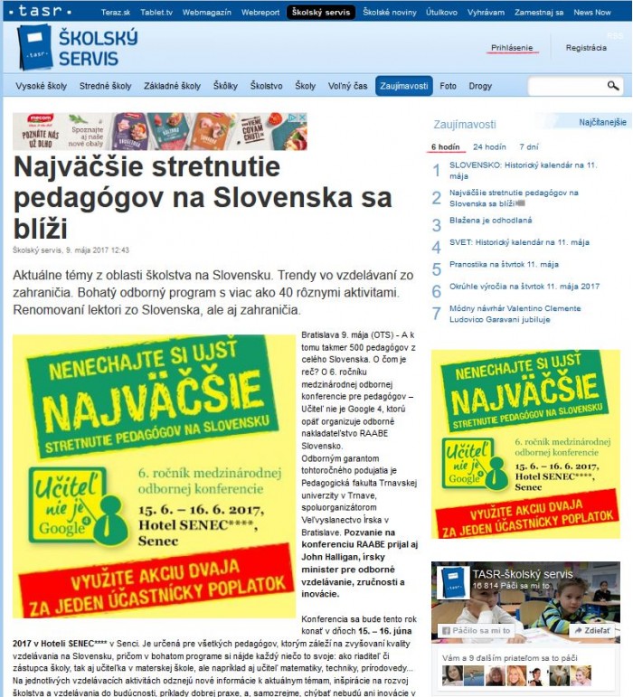 skolskyservis.sk – 11. 5. 2017: Najväčšie stretnutie pedagógov na Slovensku sa blíži 
