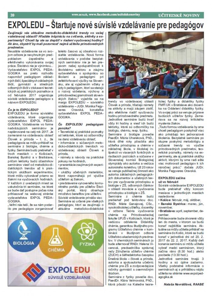 Učiteľské noviny 2/2017, strana 20: EXPOLEDU – Štartuje nové súvislé vzdelávanie pre pedagógov 