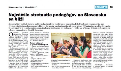 Obecné noviny – 31. 5. 2017: Najväčšie stretnutie pedagógov na Slovensku sa blíži 