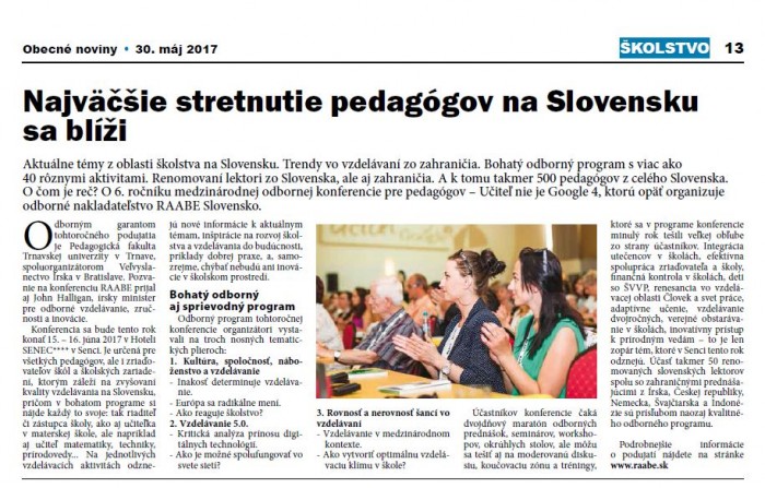 Obecné noviny – 31. 5. 2017: Najväčšie stretnutie pedagógov na Slovensku sa blíži 