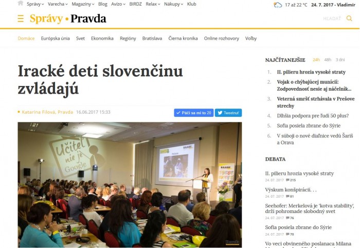 pravda.sk – 16. 6. 2017: Iracké deti slovenčinu zvládajú 