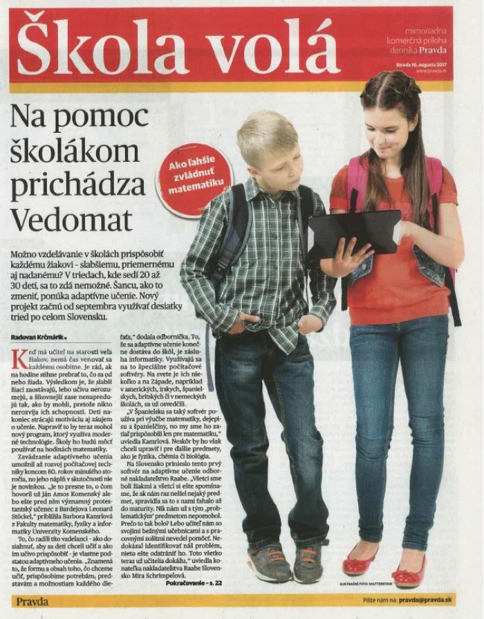 denník Pravda – 16. 8. 2017: Na pomoc školákom prichádza Vedomat