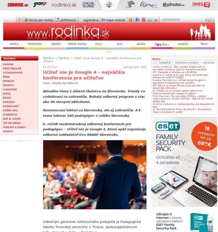 rodinka.sk – 3. 5. 2017: Učiteľ nie je Google 4 - najväčšia konferencia pre učiteľov 