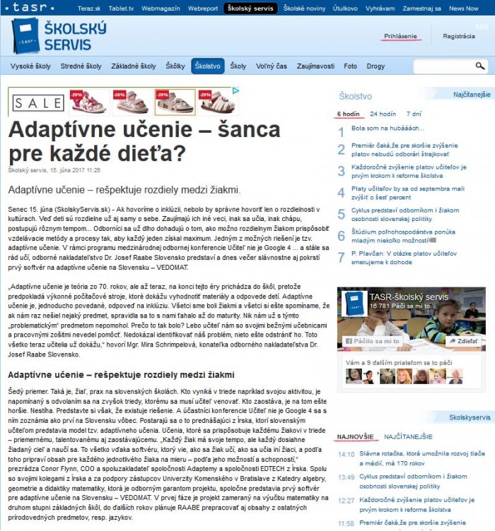 skolskyservis.sk – 15. 06. 2017: Adaptívne učenie – šanca pre každé dieťa? 