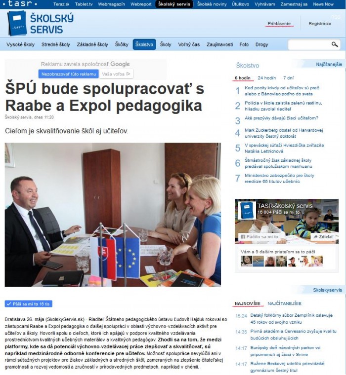 skolskyservis.sk – 26. 5. 2017: ŠPÚ bude spolupracovať s Raabe a Expol pedagogika  