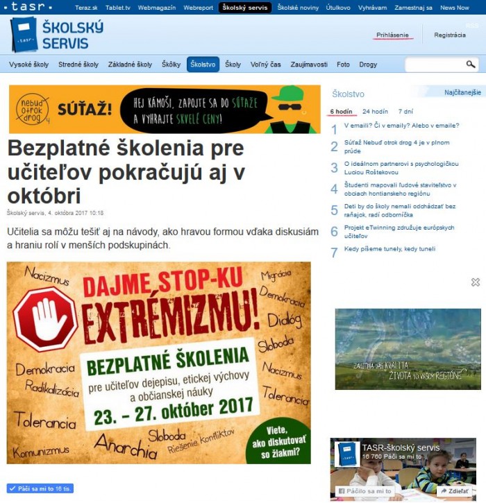 www.skolskyservis.sk – 4. 10. 2017: Bezplatné školenia pre učiteľov pokračujú aj v októbri 