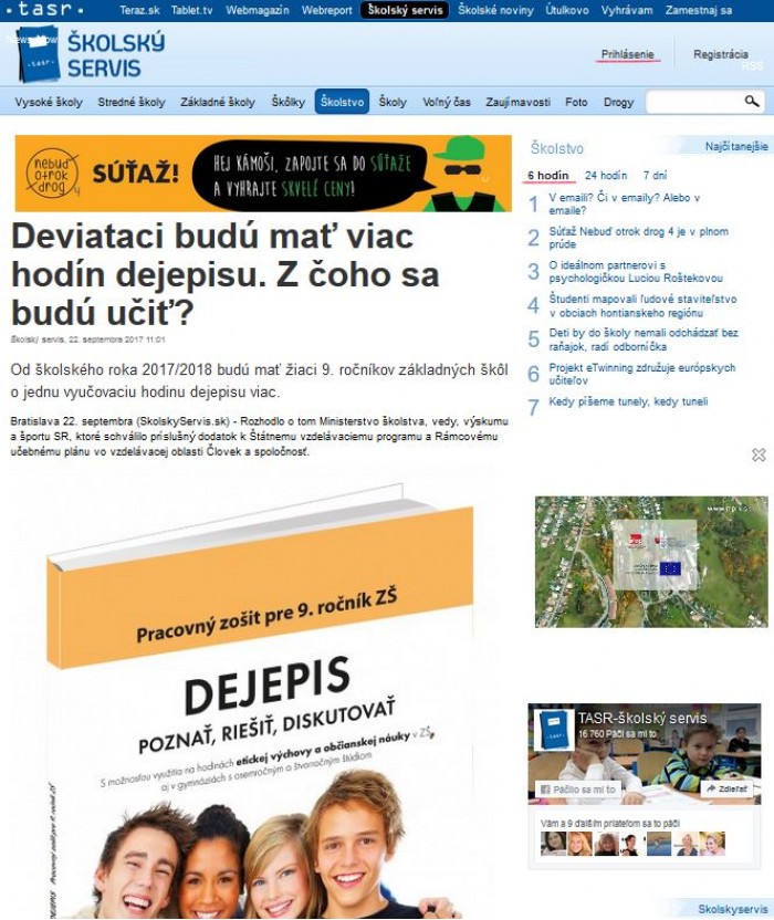 www.skolskyservis.sk – 22. 9. 2017: Deviataci budú mať viac hodín dejepisu. Z čoho sa budú učiť? 
