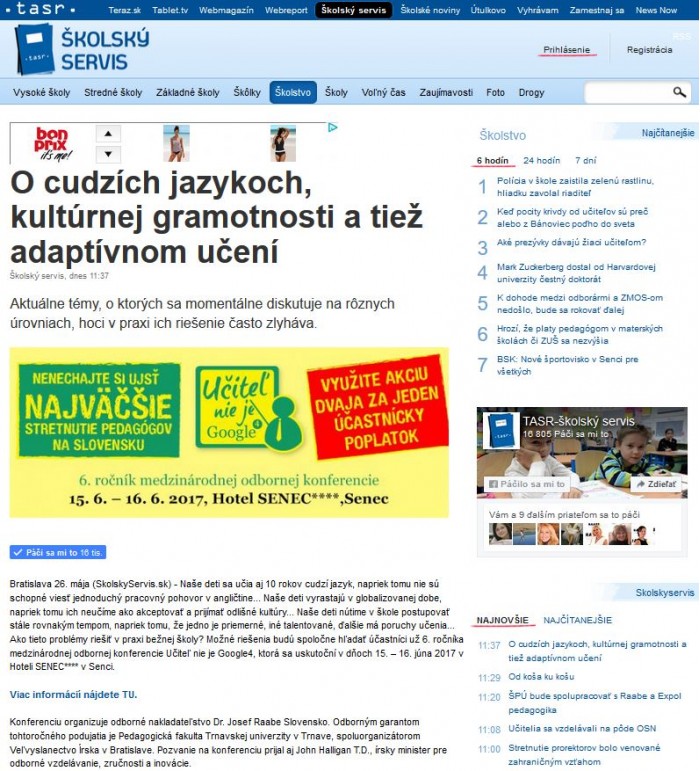 skolskyservis.sk – 26. 5. 2017: O cudzích jazykoch, kultúrnej gramotnosti a tiež adaptívnom učení