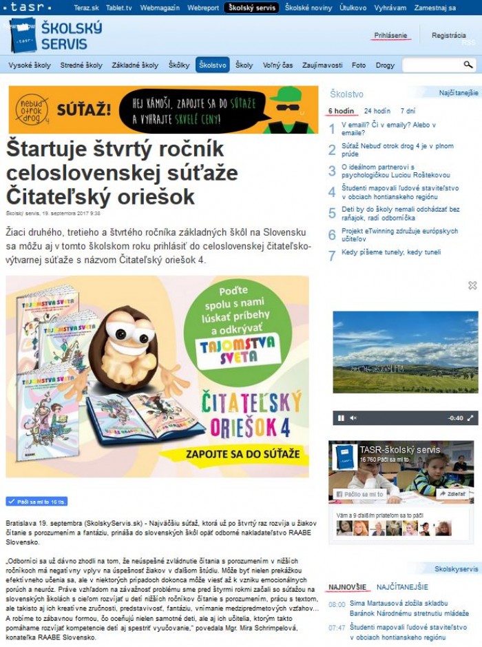 www.skolskyservis.sk – 19. 9. 2017: Štartuje štvrtý ročník celoslovenskej súťaže Čitateľský oriešok 