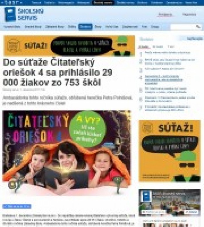 www.skolskyservis.sk – 1. 12. 2017: Do súťaže Čitateľský oriešok 4 sa prihlásilo 29 000 žiakov zo 753 škôl